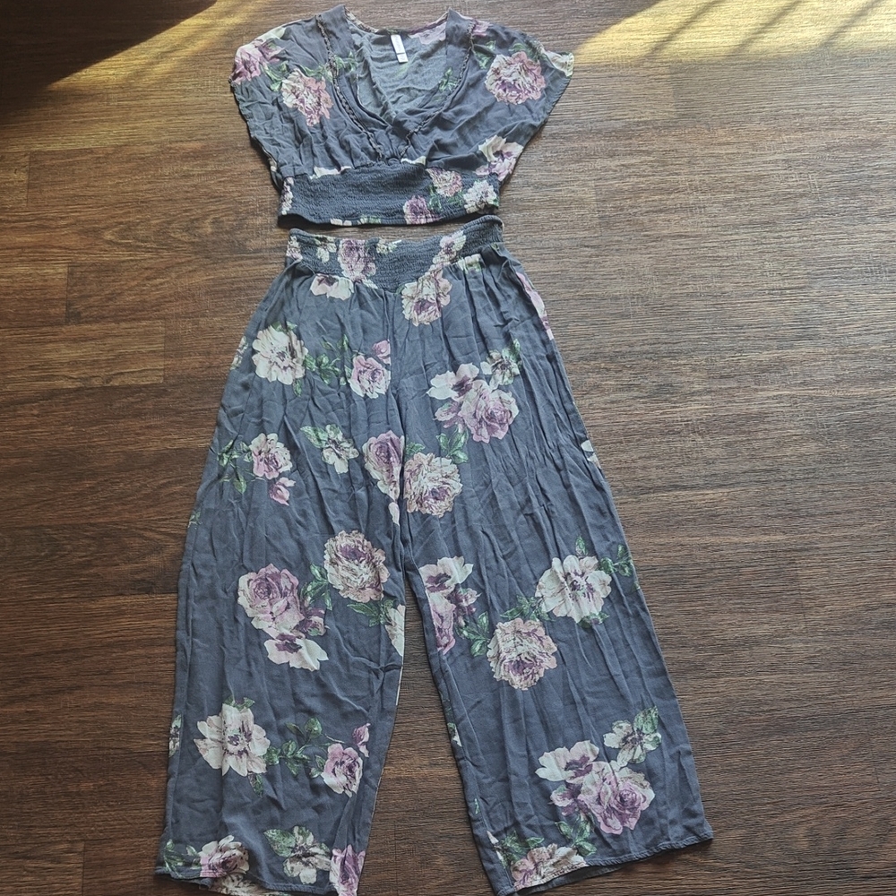 XHILARATION FLORAL WIDE-LEG PALAZZO PANTS SET ( SIZE XS )